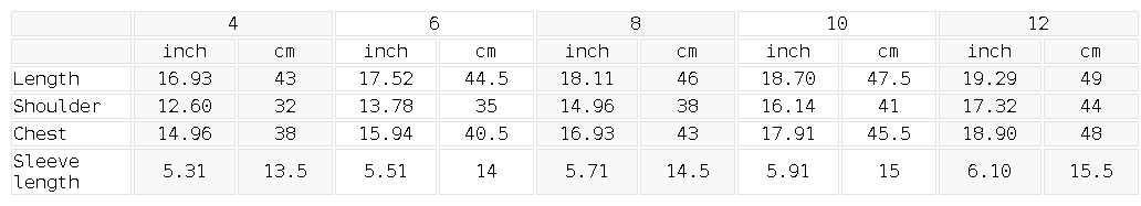 Size chart for the Women's Crewneck Crop T-Shirt