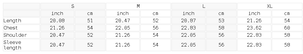Size chart for the Women's Crewneck Sweatshirt