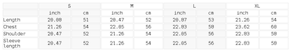 Size chart for the Women's Crewneck Sweatshirt