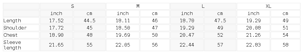 Size chart for the Women's Crop Denim Jacket
