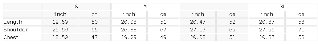 Size chart for the Women's Crop Dolman T-Shirt