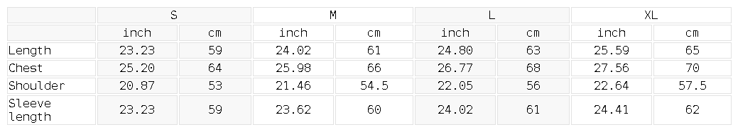 Size chart for the Women's Crop V-Neck Sweatshirt
