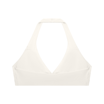 Women's Cropped Halter Yoga Sports Bra in beige, alternate angle