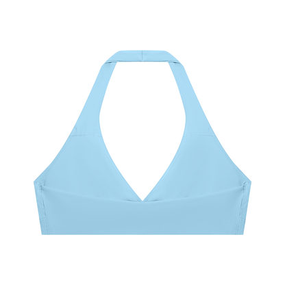 Women's Cropped Halter Yoga Sports Bra in sky blue, alternate angle