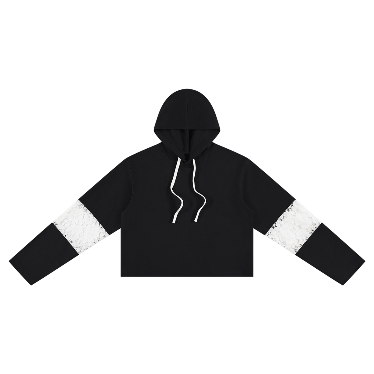 Women's Cropped Lace-Panel Hoodie in black