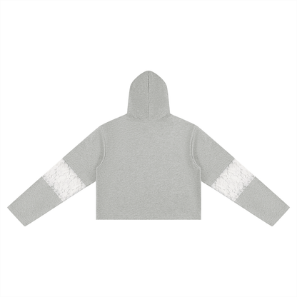 Women's Cropped Lace-Panel Hoodie in flower gray, alternate angle