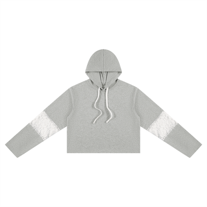 Women's Cropped Lace-Panel Hoodie in flower gray