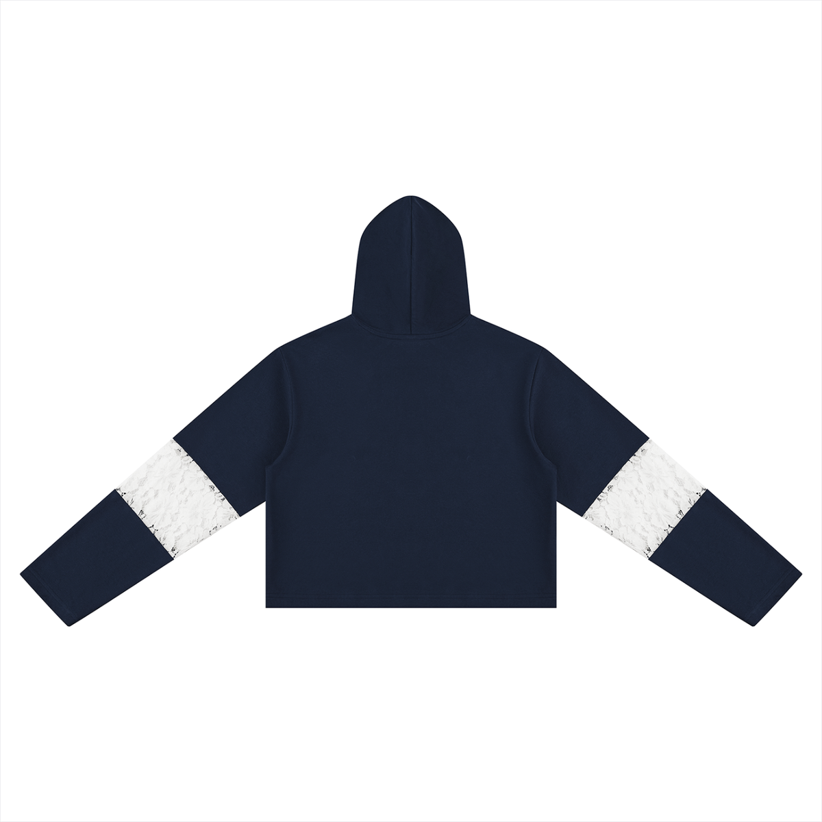 Women's Cropped Lace-Panel Hoodie in navy blue, alternate angle