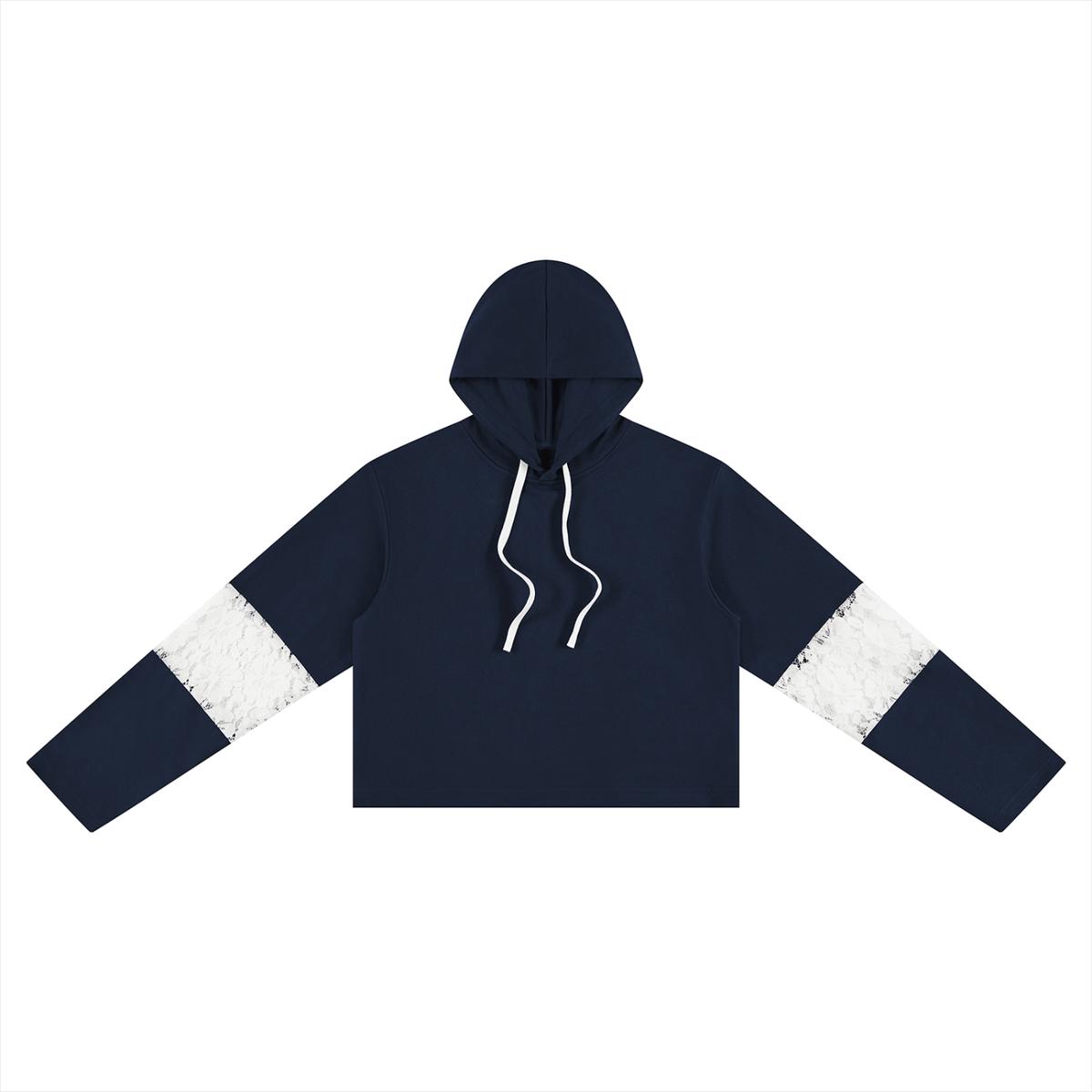 Women's Cropped Lace-Panel Hoodie in navy blue