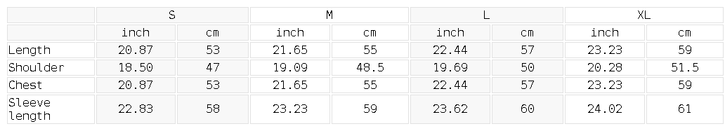 Size chart for the Women's Cropped Lace-Panel Hoodie