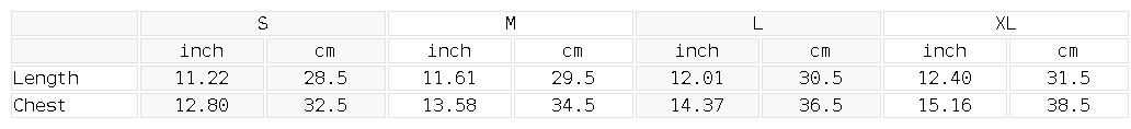 Size chart for the Women's Cropped Paneled Tube Top