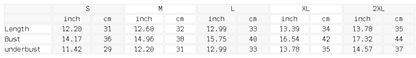 Size chart for the Women's Cropped Yoga Sports Bra