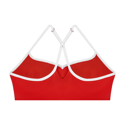 Women's Cross-Over Color Block Yoga Sports Bra in red, alternate angle