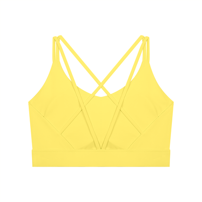Women's Cross-Over Cropped Yoga Sports Bra in lemon yellow, alternate angle
