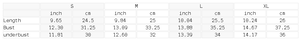 Size chart for the Women's Cross-Over Cropped Yoga Sports Bra