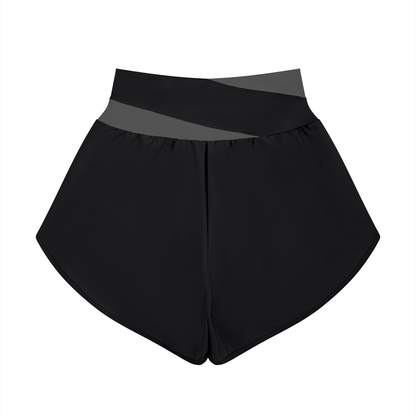 Women's Cross-Over Paneled Yoga Shorts in black with dark gray, alternate angle