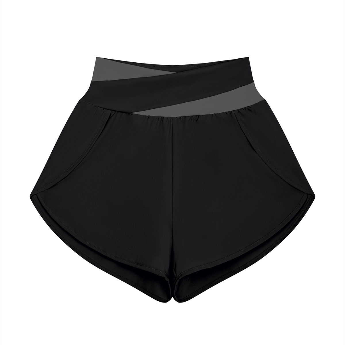 Women's Cross-Over Paneled Yoga Shorts in black with dark gray