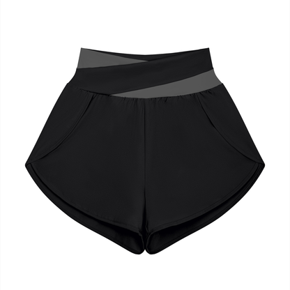 Women's Cross-Over Paneled Yoga Shorts in black with dark gray