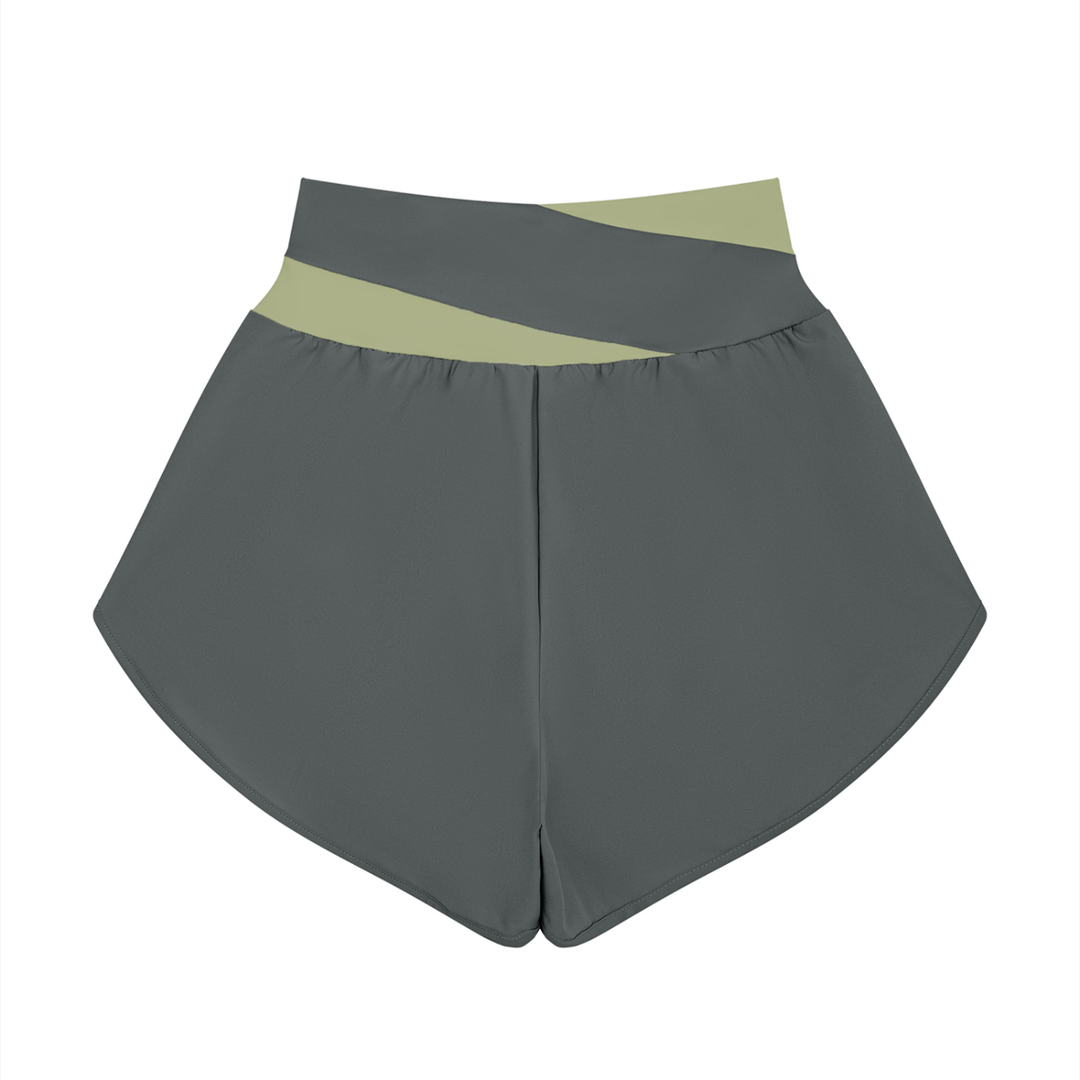 Women's Cross-Over Paneled Yoga Shorts in dark gray with bean green, alternate angle