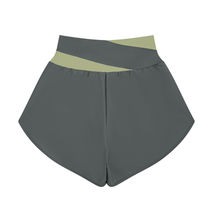 Women's Cross-Over Paneled Yoga Shorts in dark gray with bean green, alternate angle