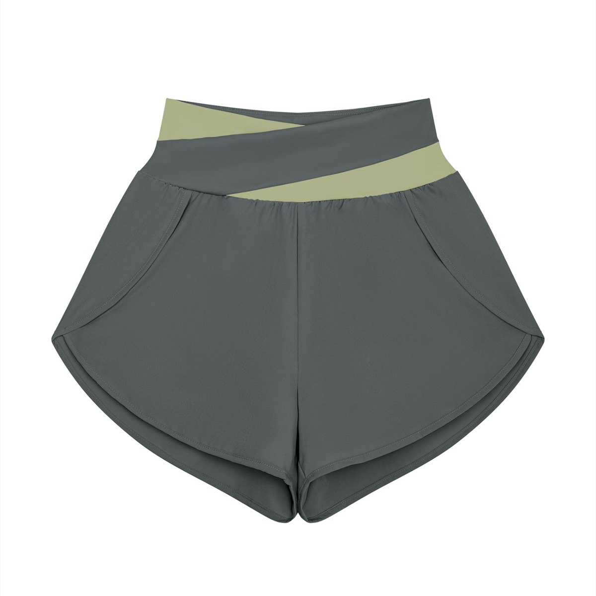 Women's Cross-Over Paneled Yoga Shorts in dark gray with bean green