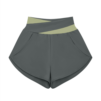 Women's Cross-Over Paneled Yoga Shorts in dark gray with bean green