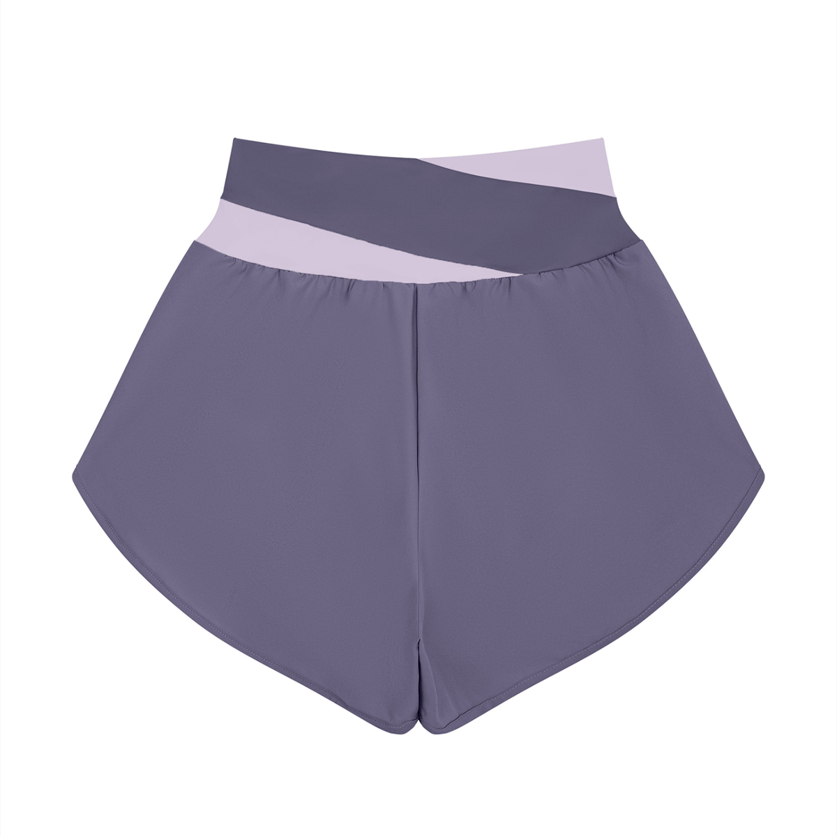 Women's Cross-Over Paneled Yoga Shorts in deep purple with light purple, alternate angle