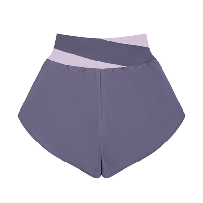 Women's Cross-Over Paneled Yoga Shorts in deep purple with light purple, alternate angle