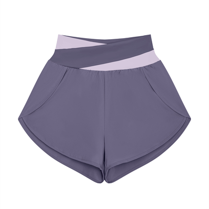 Women's Cross-Over Paneled Yoga Shorts in deep purple with light purple