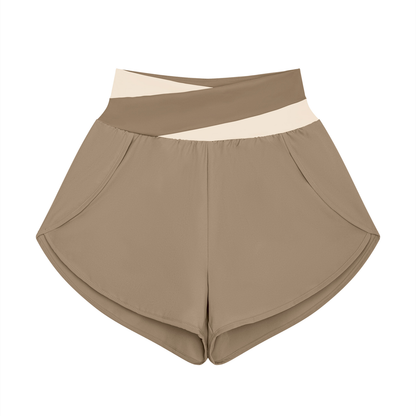 Women's Cross-Over Paneled Yoga Shorts in light coffee with apricot