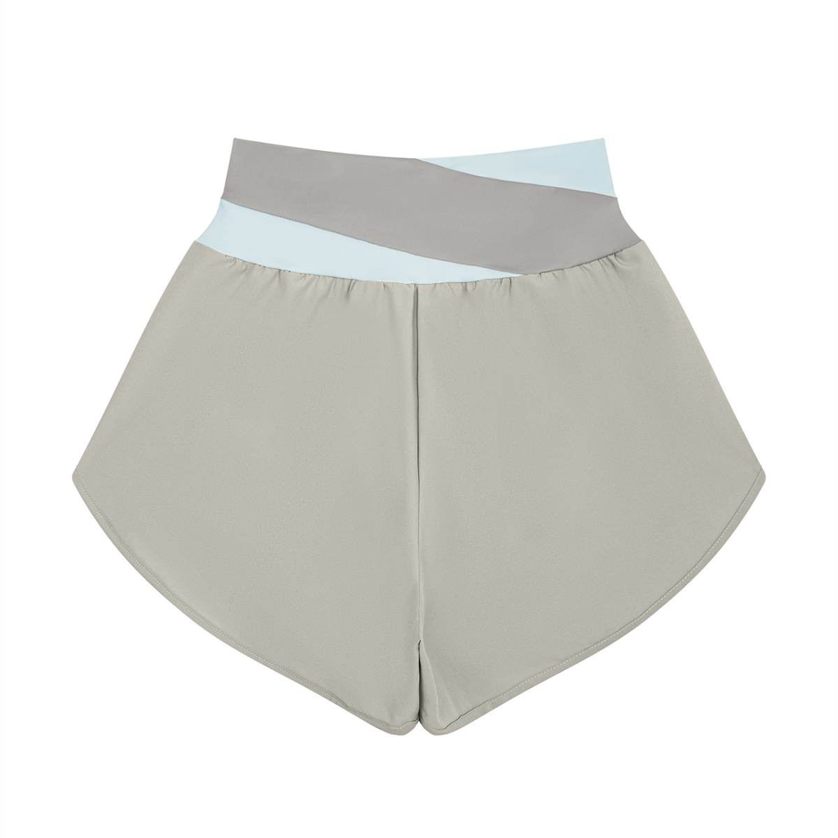 Women's Cross-Over Paneled Yoga Shorts in light gray with light blue, alternate angle