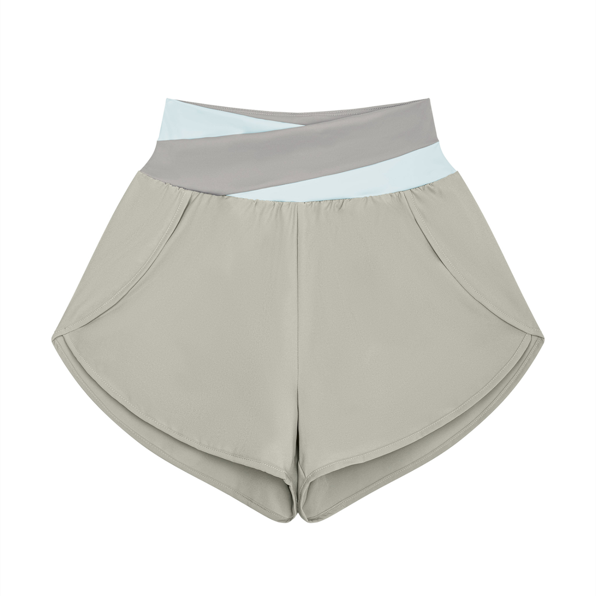Women's Cross-Over Paneled Yoga Shorts in light gray with light blue