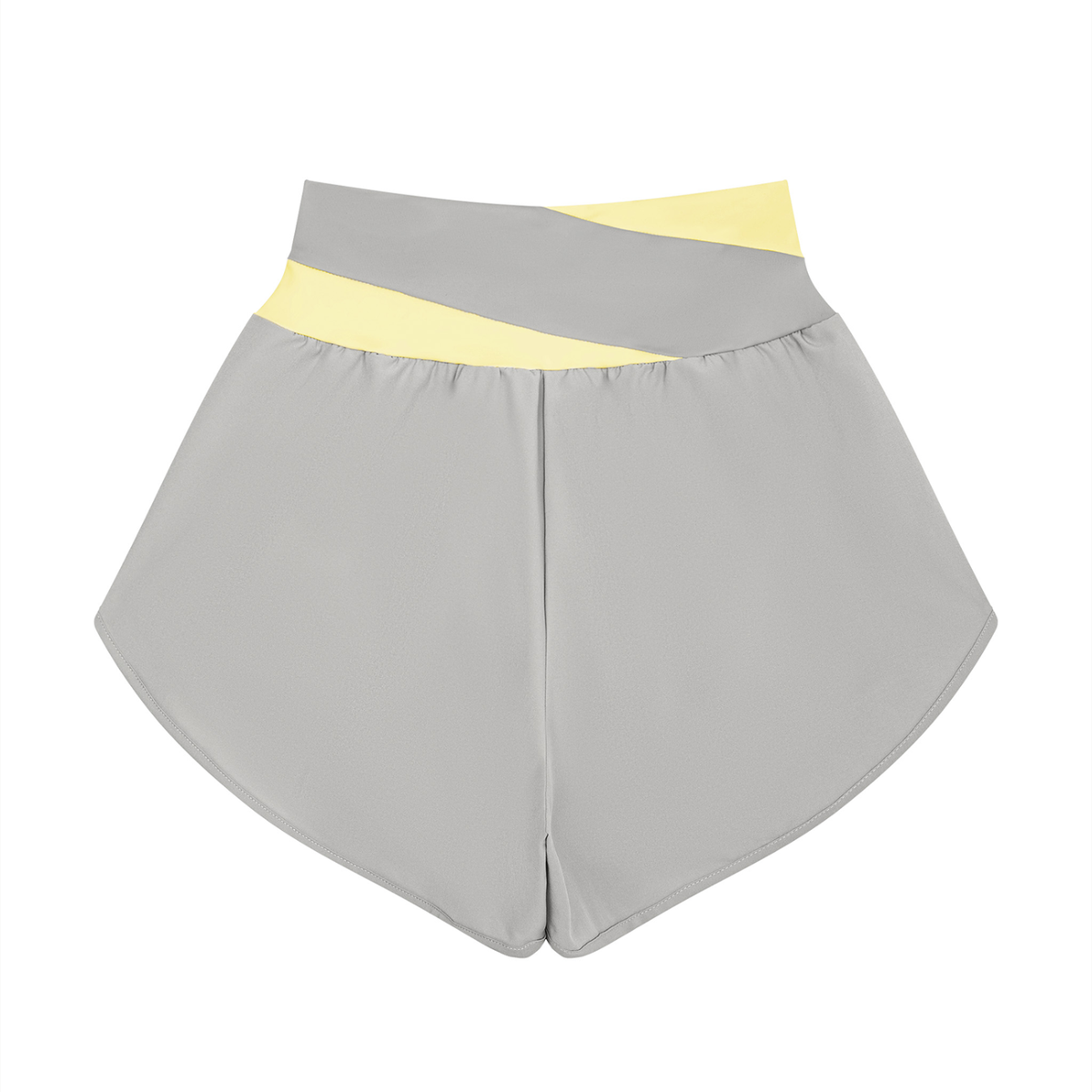 Women's Cross-Over Paneled Yoga Shorts in light gray with light yellow, alternate angle