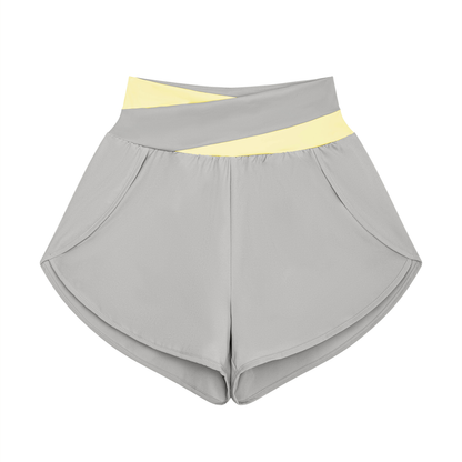 Women's Cross-Over Paneled Yoga Shorts in light gray with light yellow
