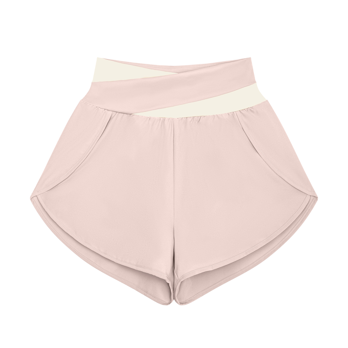 Women's Cross-Over Paneled Yoga Shorts in light pink with apricot