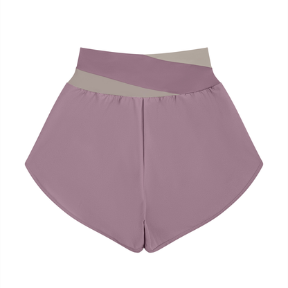 Women's Cross-Over Paneled Yoga Shorts in misty purple with gray purple, alternate angle