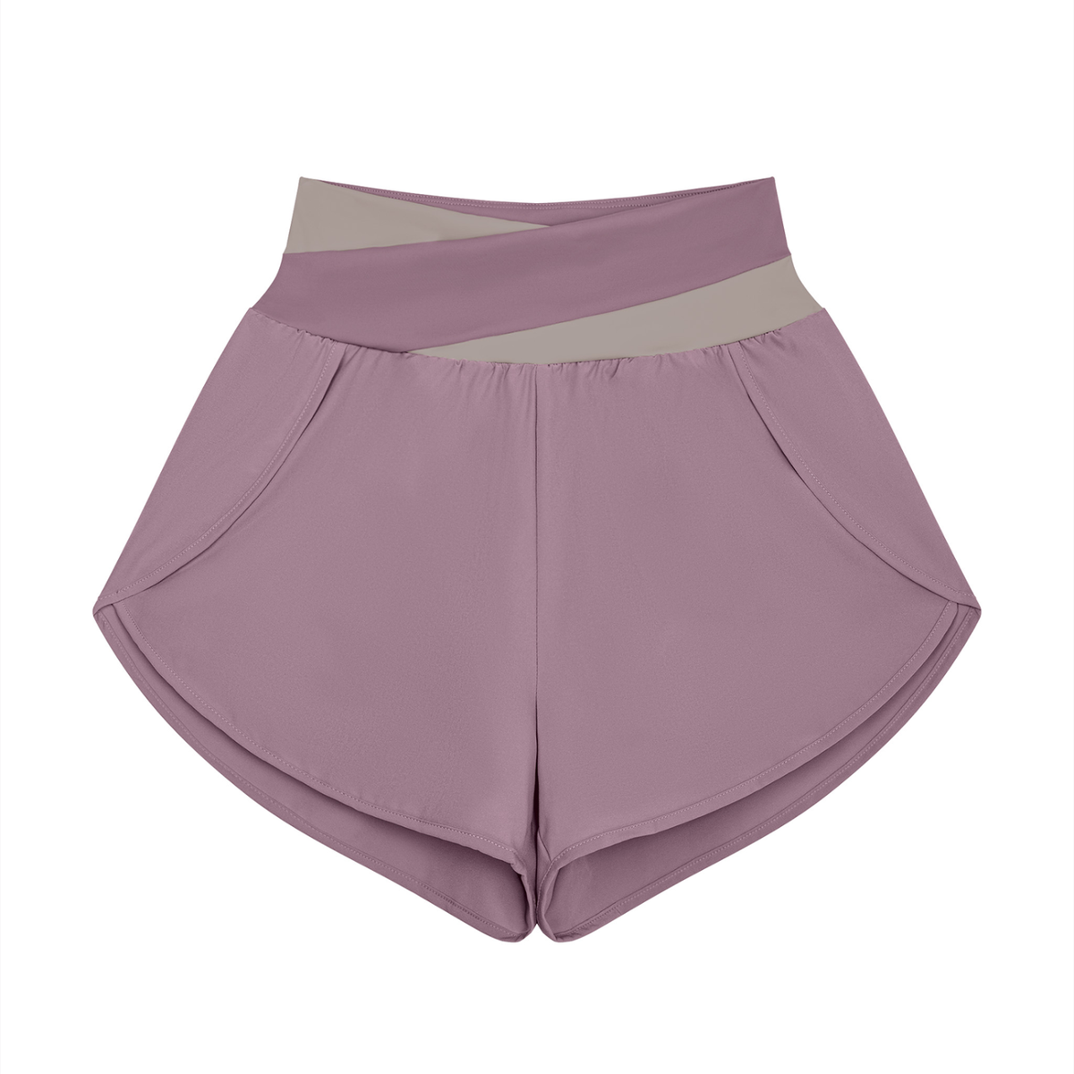 Women's Cross-Over Paneled Yoga Shorts in misty purple with gray purple