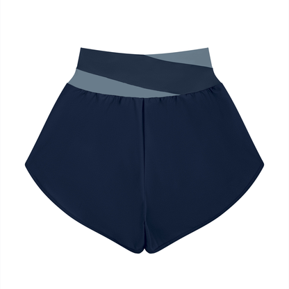 Women's Cross-Over Paneled Yoga Shorts in navy blue with gray blue, alternate angle