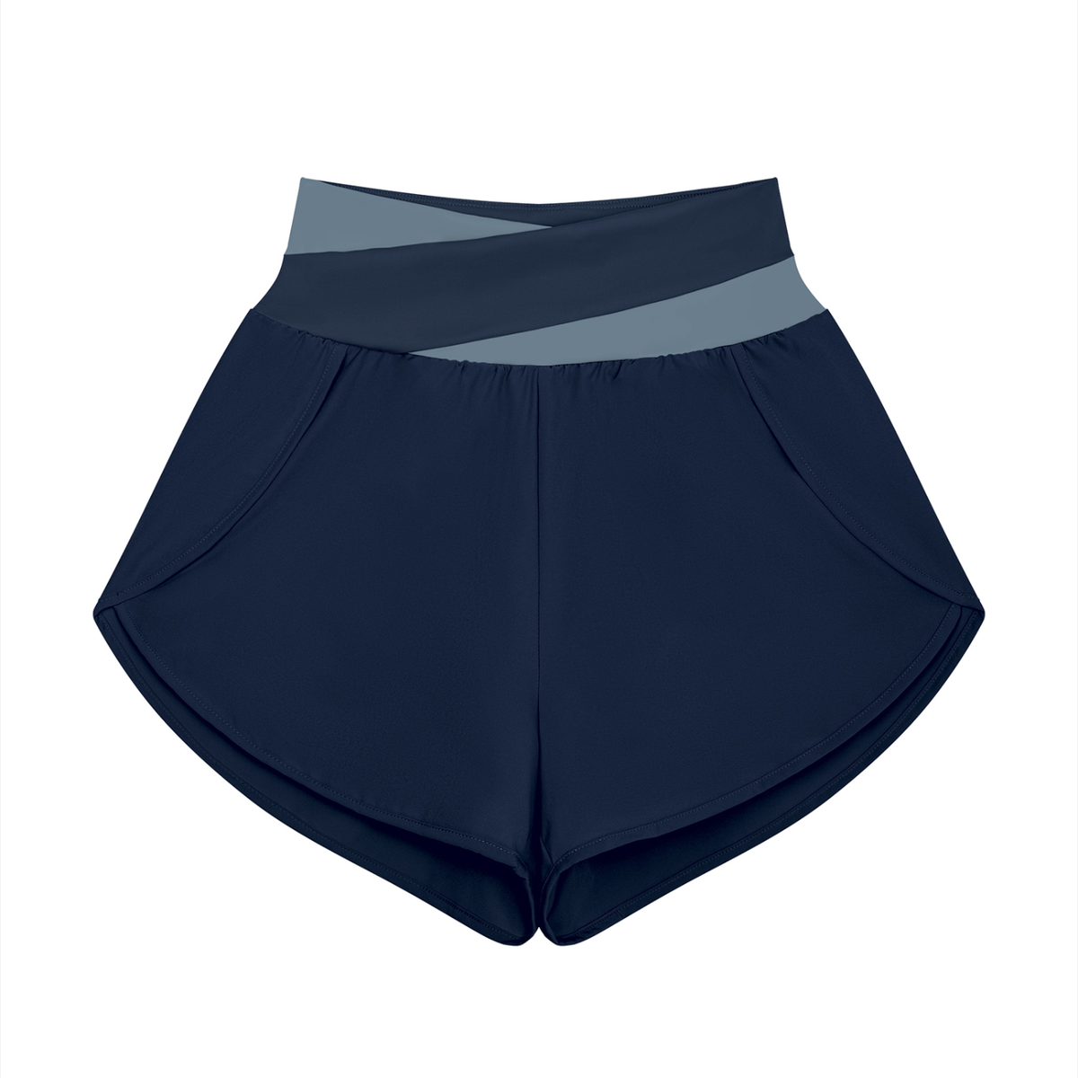 Women's Cross-Over Paneled Yoga Shorts in navy blue with gray blue