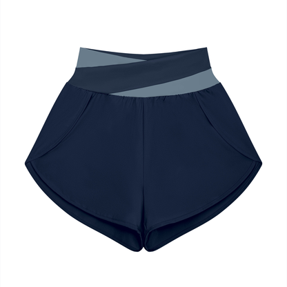Women's Cross-Over Paneled Yoga Shorts in navy blue with gray blue