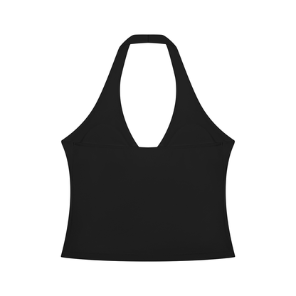 Women's Cross-Over Ruched Halter Yoga Tank Top in black, alternate angle