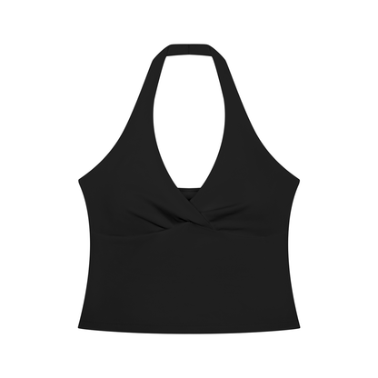 Women's Cross-Over Ruched Halter Yoga Tank Top in black