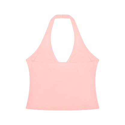 Women's Cross-Over Ruched Halter Yoga Tank Top in pink, alternate angle