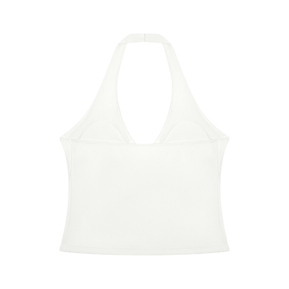 Women's Cross-Over Ruched Halter Yoga Tank Top in white, alternate angle
