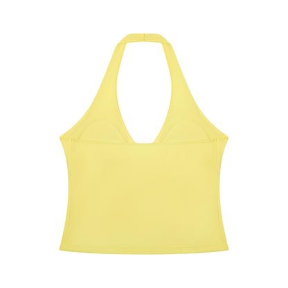 Women's Cross-Over Ruched Halter Yoga Tank Top in yellow, alternate angle