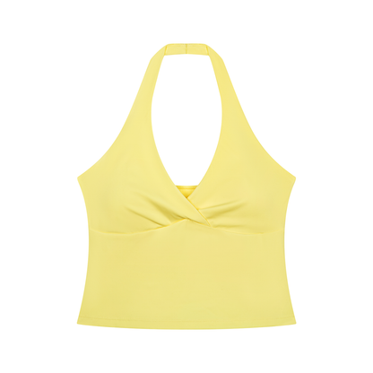 Women's Cross-Over Ruched Halter Yoga Tank Top in yellow