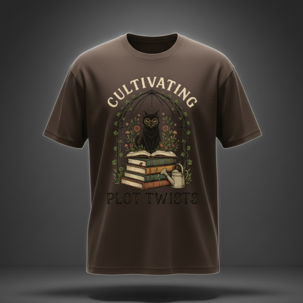 Women’s Cultivating Plot Twists cat oversized graphic T-shirt