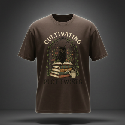 Women’s Cultivating Plot Twists cat oversized graphic T-shirt
