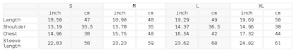 Size chart for the Women's Cutout Long Sleeve T-Shirt