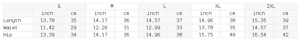 Size chart for the Women's Drawstring A-Line Yoga Skort